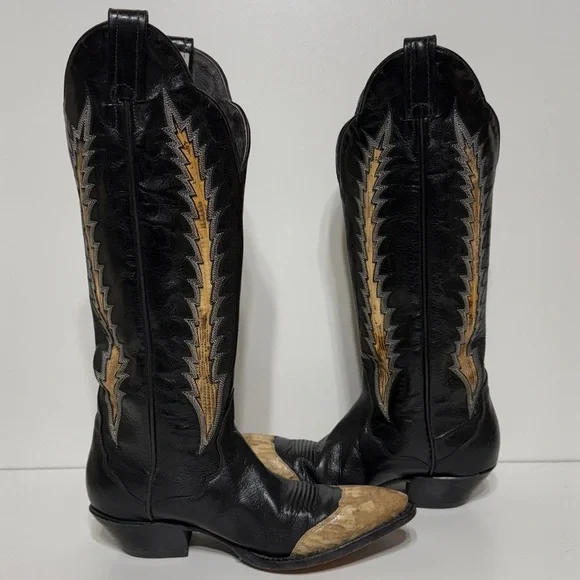 Tony Lama Vintage Black Leather Snake Cowboy Boots - Picture 3 of 17